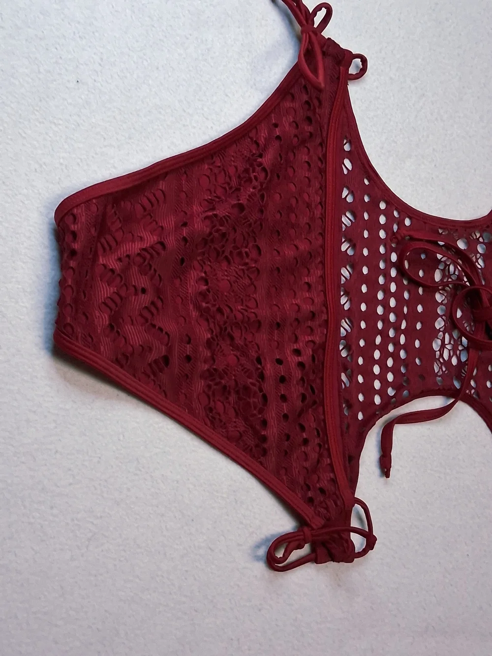 4/20$ ➡️   Crochet Cutout One-Piece Swimsuit - Wine Burgundy Crochet Monokini - Picture 5 of 11